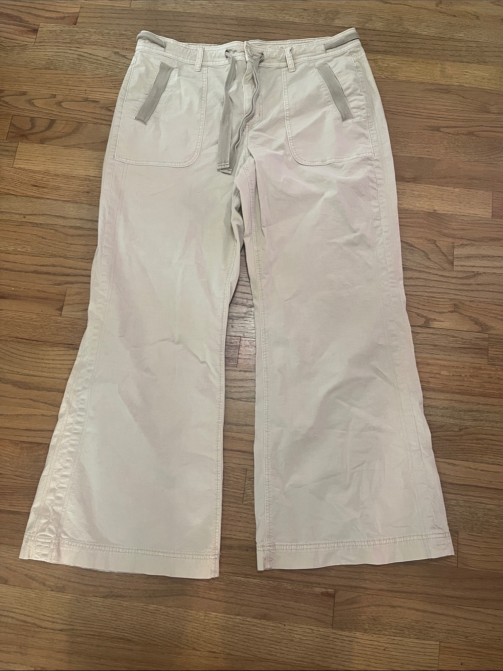 American Eagle Stretchy Casual Wide-Leg Drawstring Pants in Light Beige
